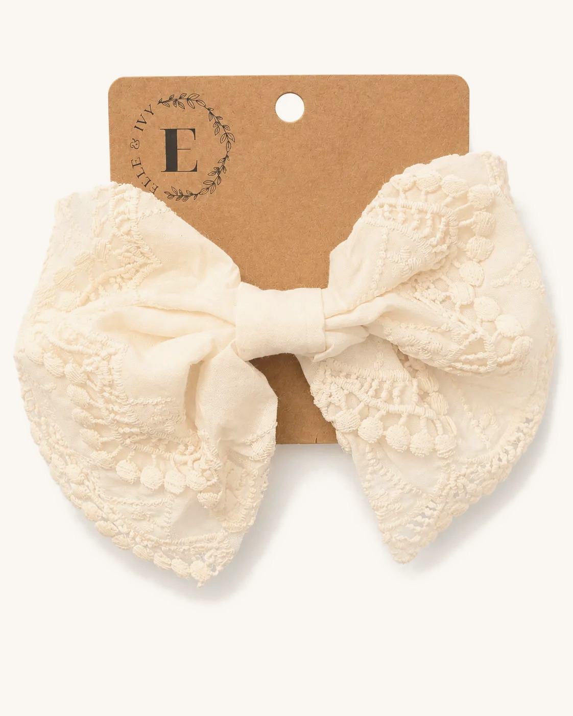 Ivory Eyelet Cotton Bow — on the Elle & Ivy packaging card