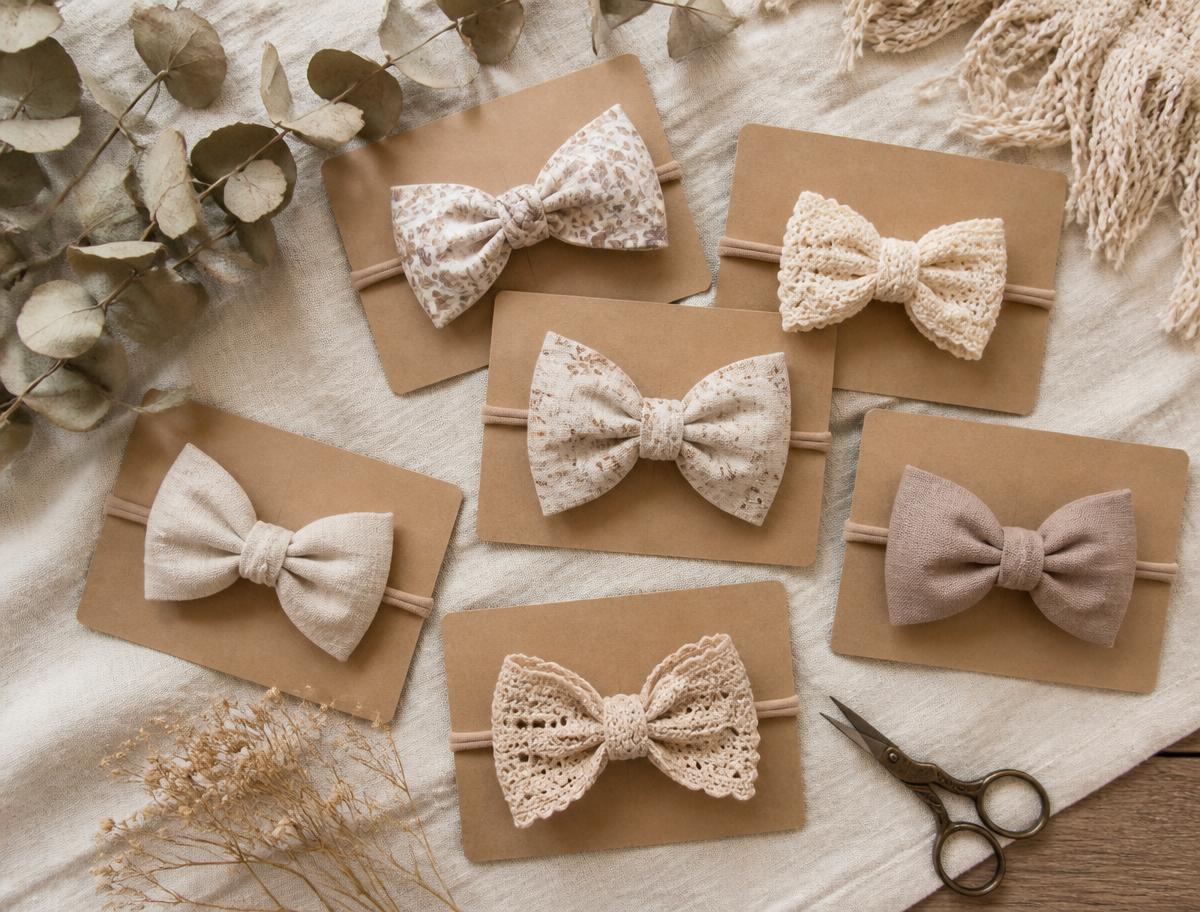 Elle & Ivy bows arranged on kraft packaging cards