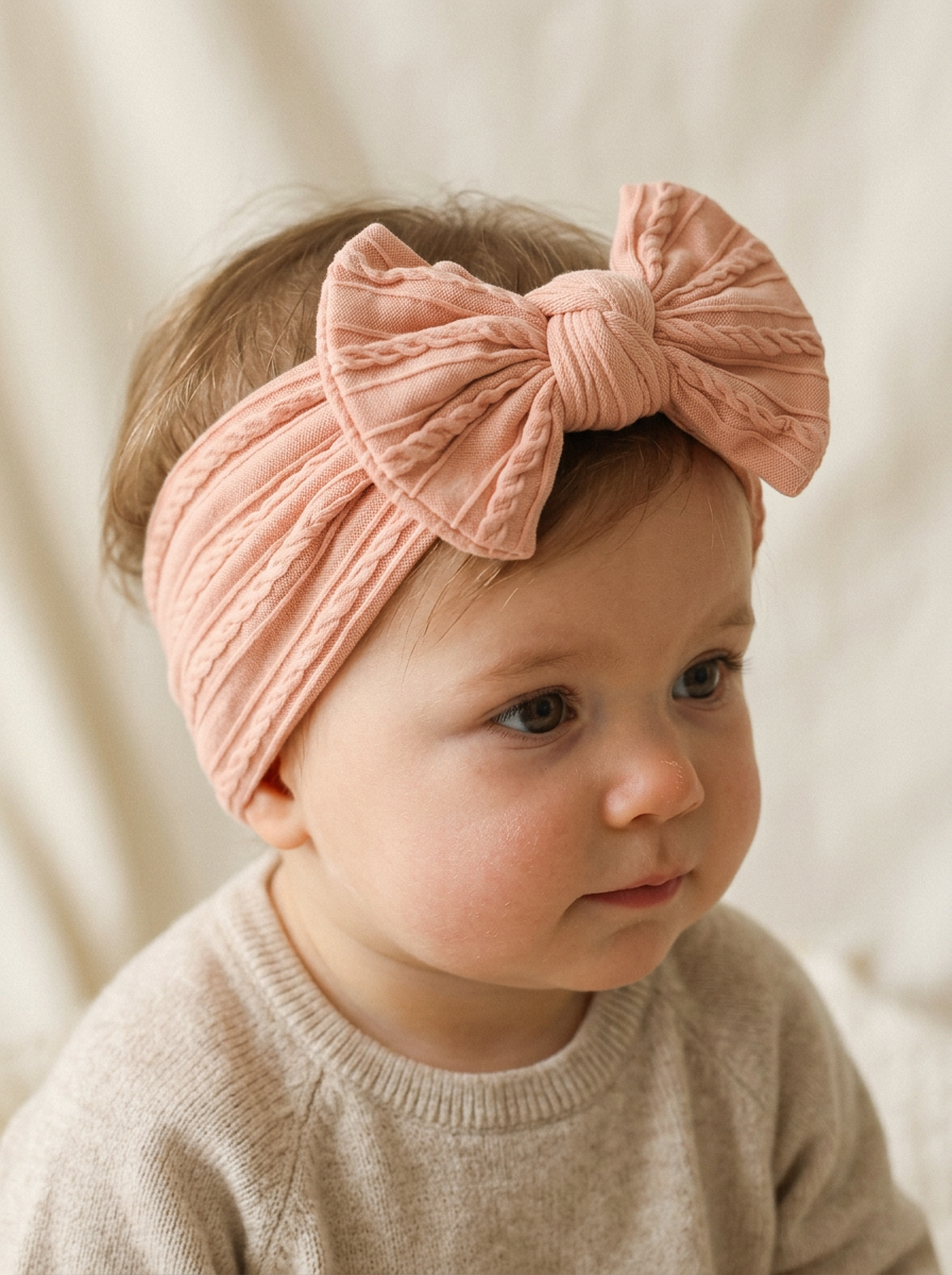 Baby wearing the peach cable knit bow headband wrapped around her head
