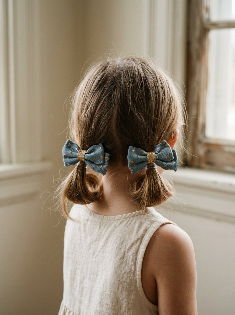 Little girl in pigtails wearing a pair of starlit denim classic bows
