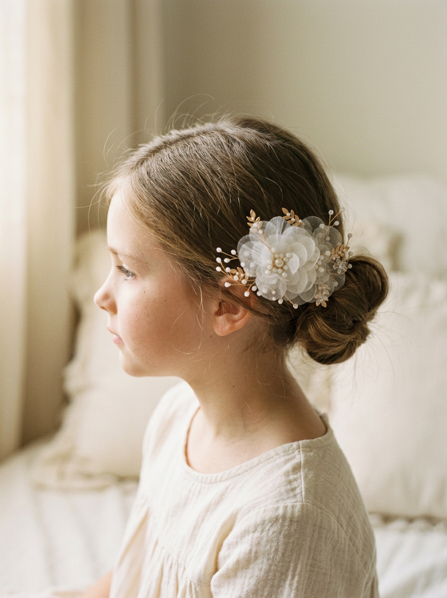 Girl wearing the ivory organza bloom statement hairpiece beside a low bun