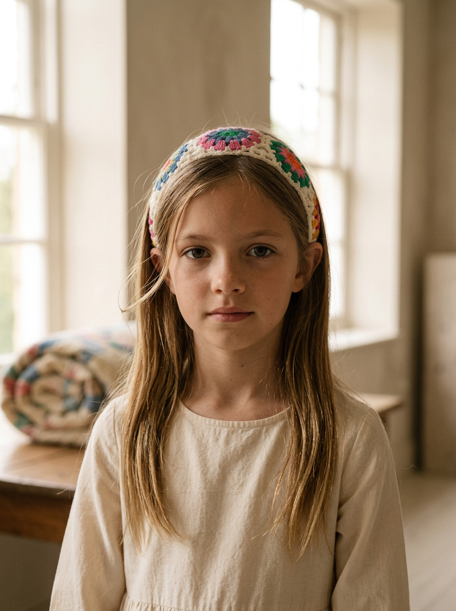 Girl wearing the rose garden granny-square crochet headband