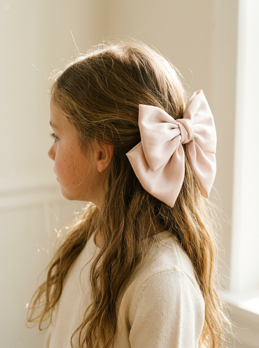 Girl wearing the large blush satin statement bow in a half-up hairstyle