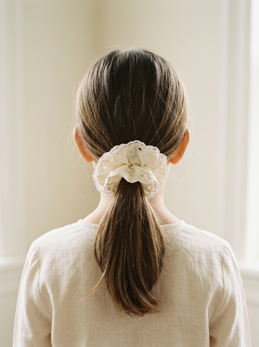 Back view of a ponytail tied with the ivory eyelet lace scrunchie