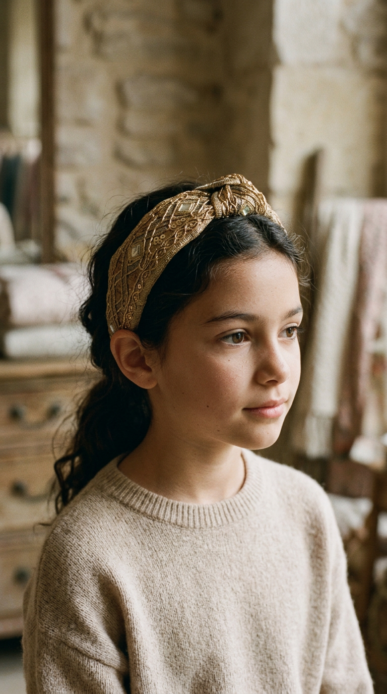 Antique Gold Knot Headband — worn in a child's hair