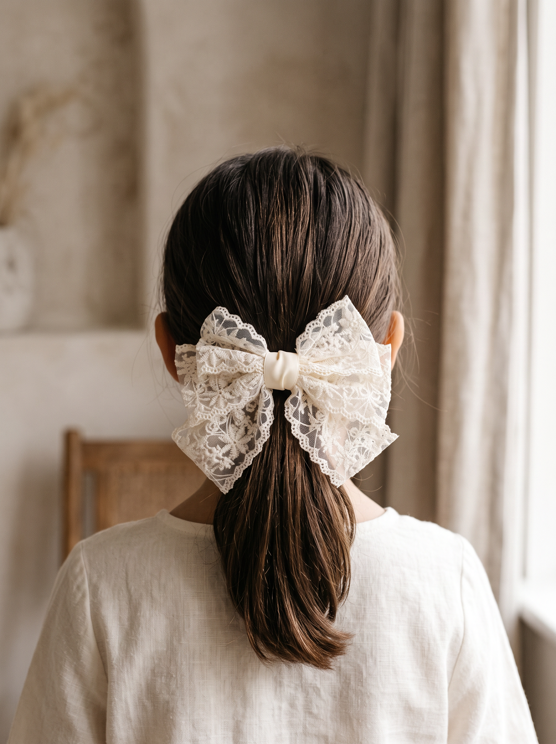 Antique Lace Ruffle Bow — worn in a child's hair