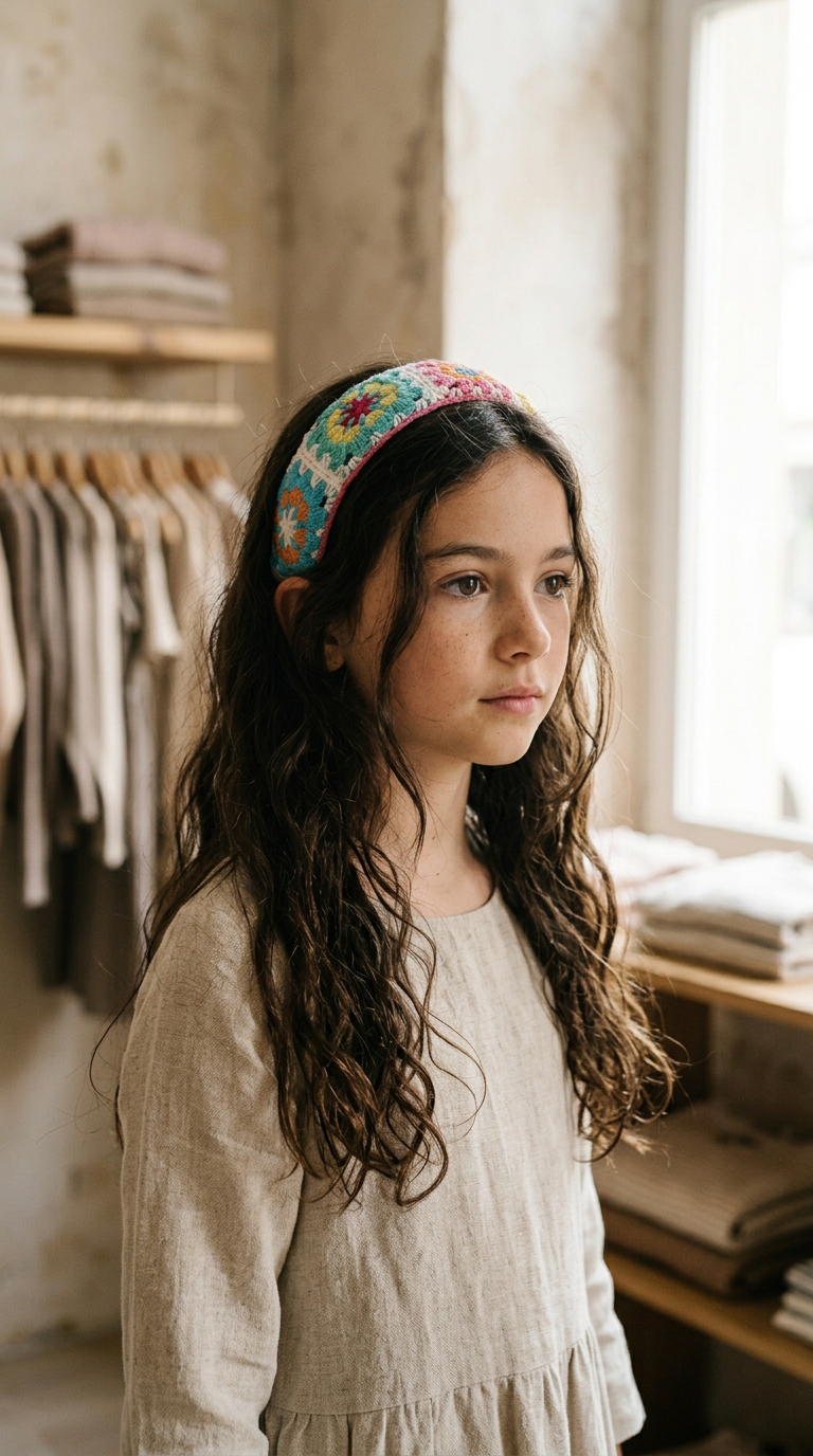Aqua Granny Square Crochet Headband — worn in a child's hair