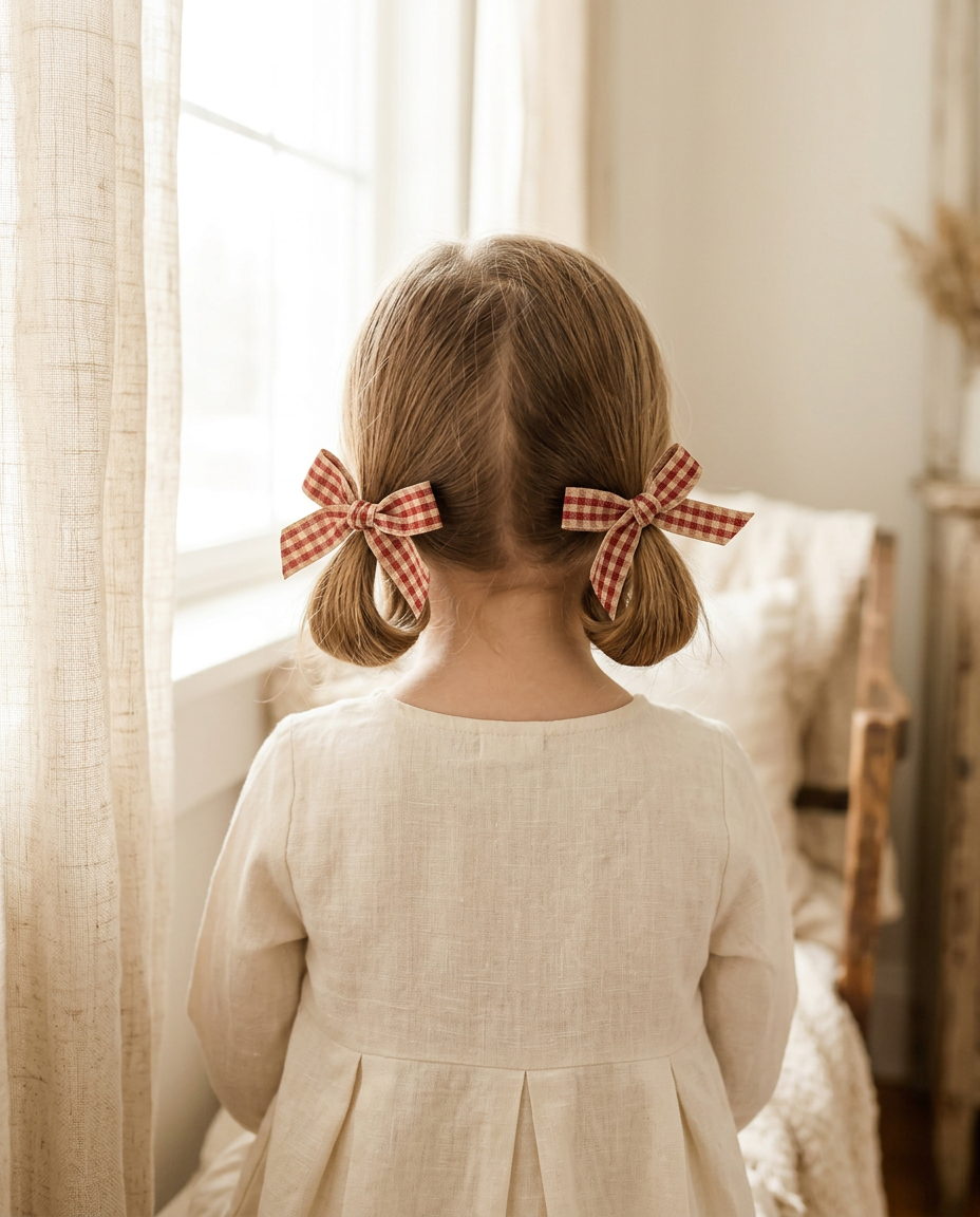 Berry Gingham Ribbon Bow Set — worn in a child's hair