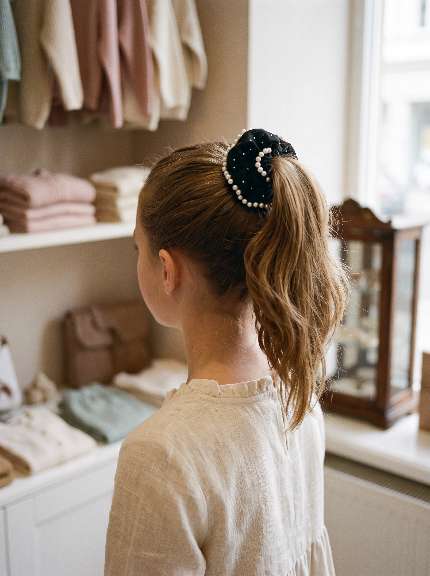 Midnight Pearl Chiffon Scrunchie — worn in a child's hair
