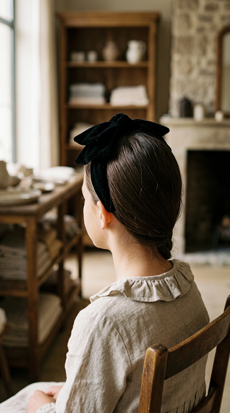 Black Velvet Bow Headband — worn in a child's hair