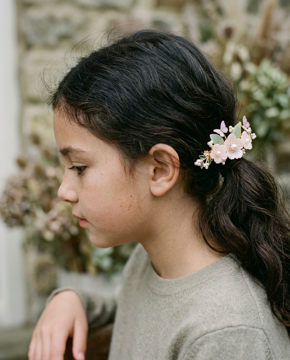 Blossom & Butterfly Barrette — worn in a child's hair