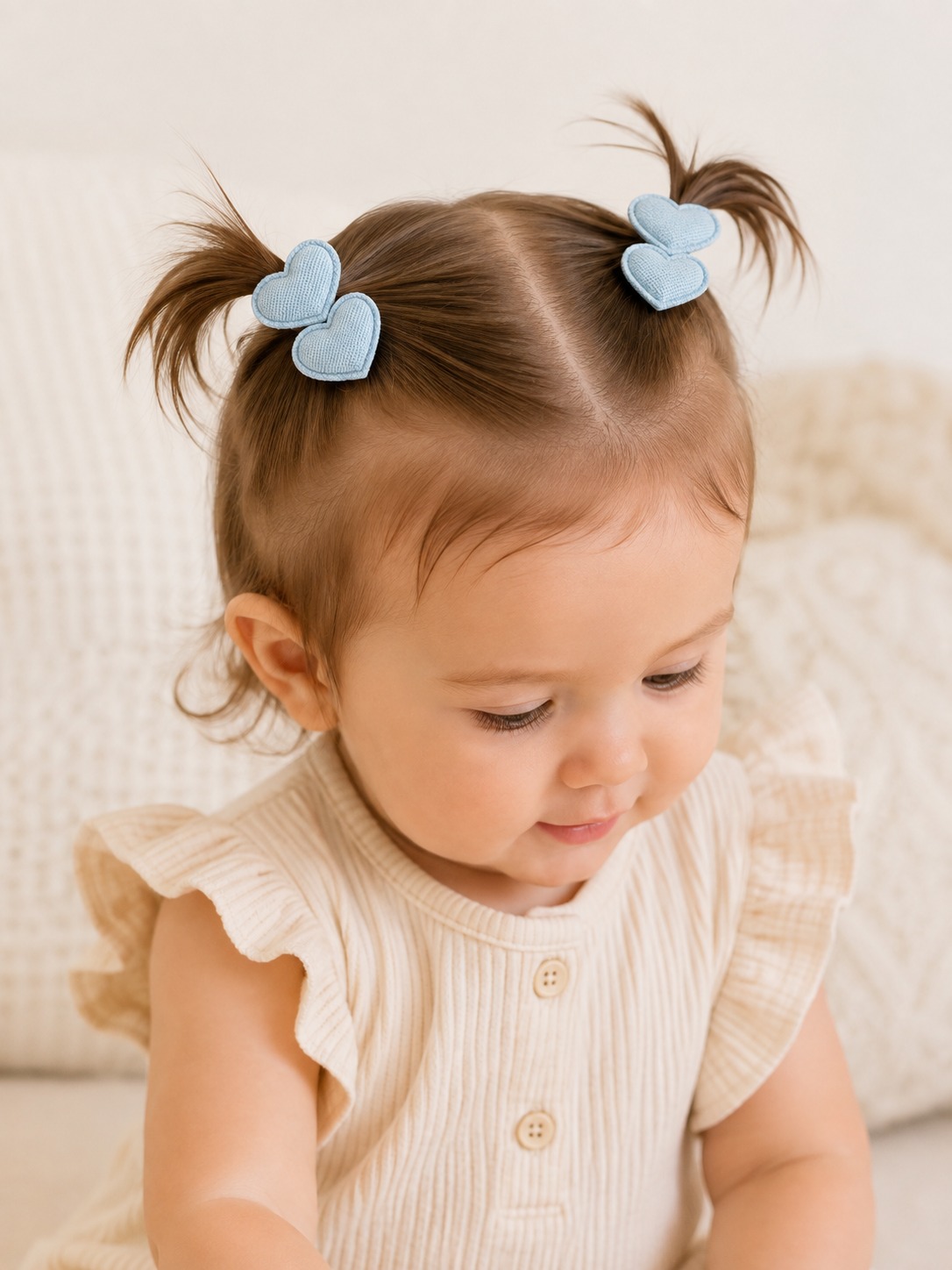 Blue Linen Heart Clip Set — worn in a child's hair