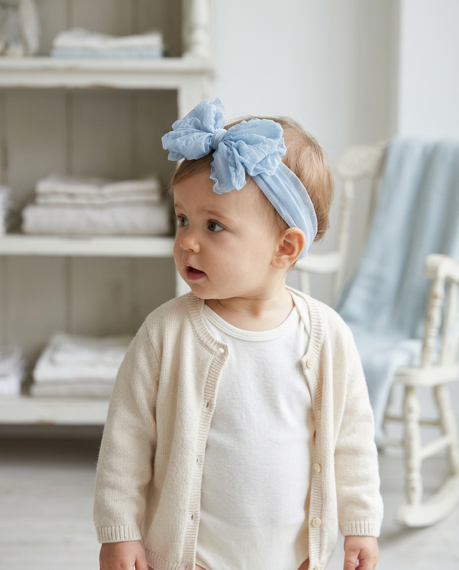 Powder Blue Ruffle Tulle Bow Headband — worn in a child's hair