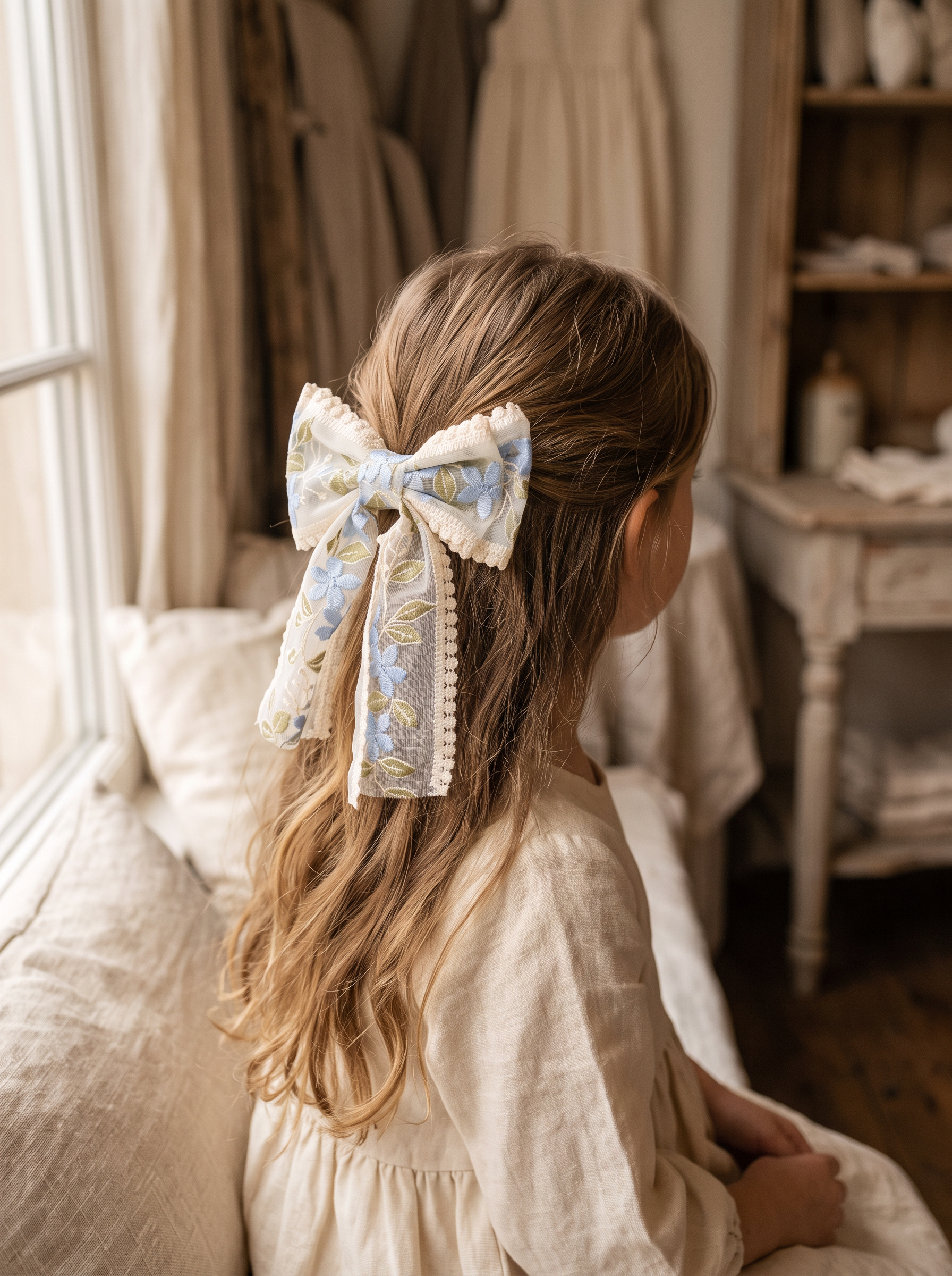 Bluebell Embroidered Organza Bow — worn in a child's hair