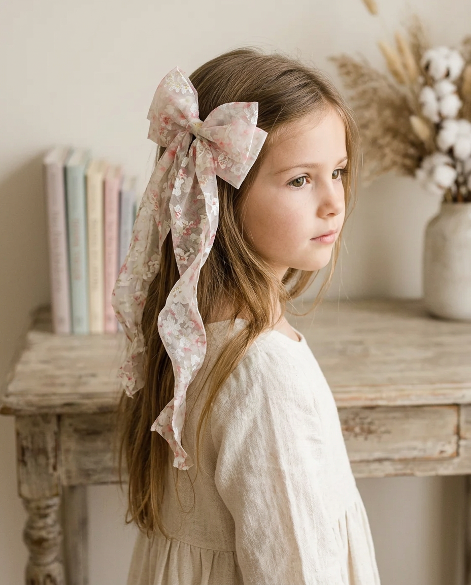 Blush Blossom Chiffon Bow — worn in a child's hair