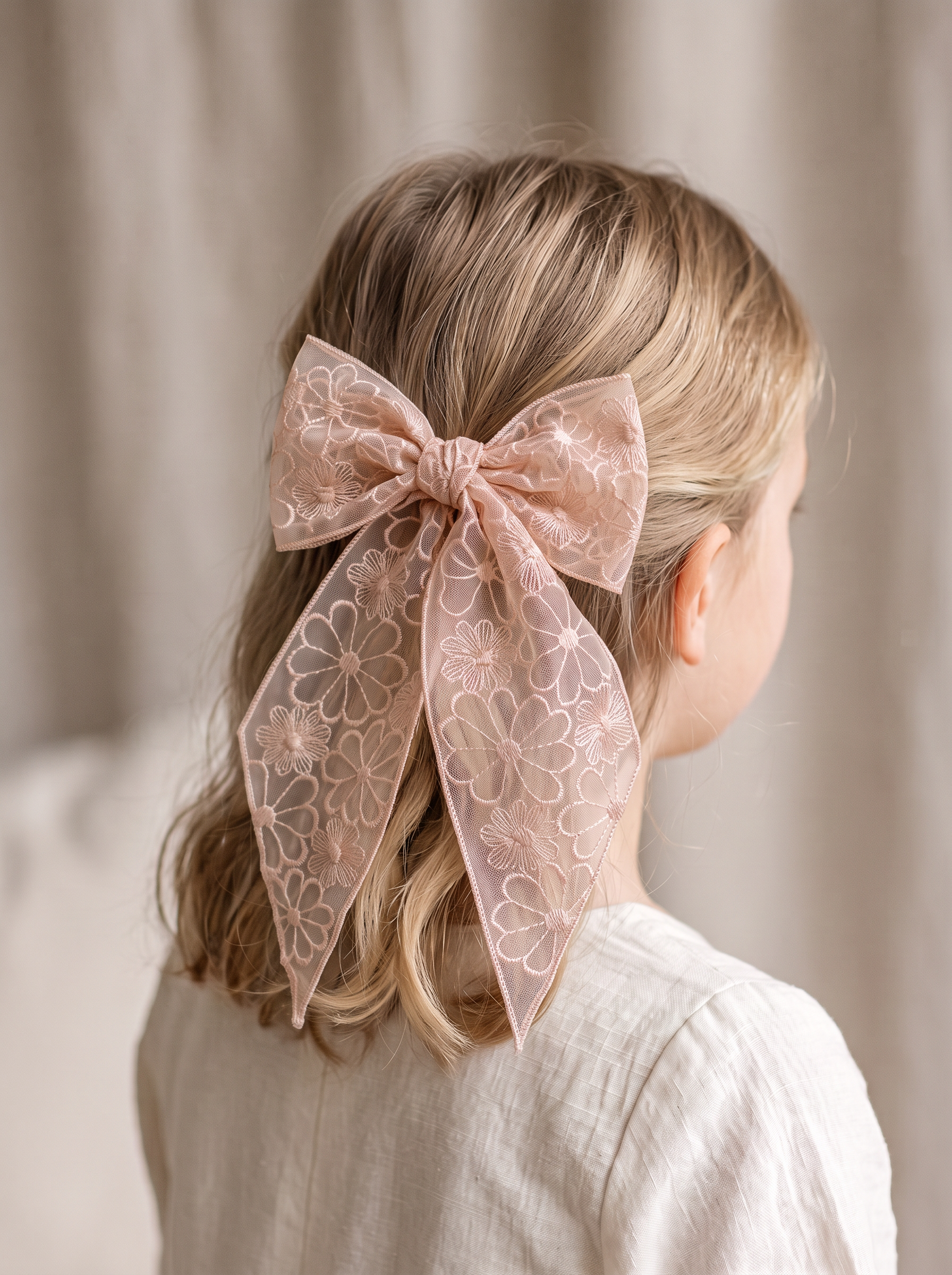 Blush Daisy Lace Bow — worn in a child's hair