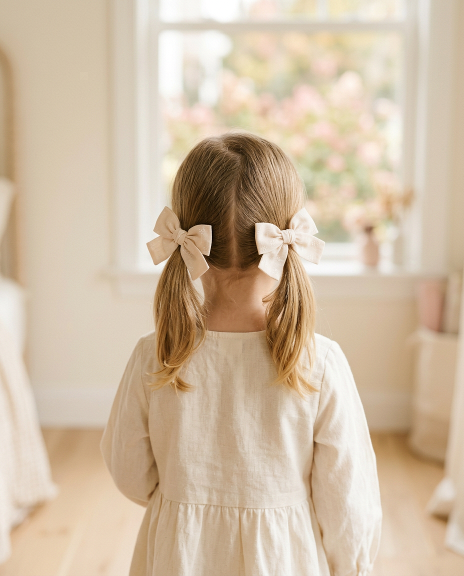 Blush Eyelet Daisy Bow Set — worn in a child's hair