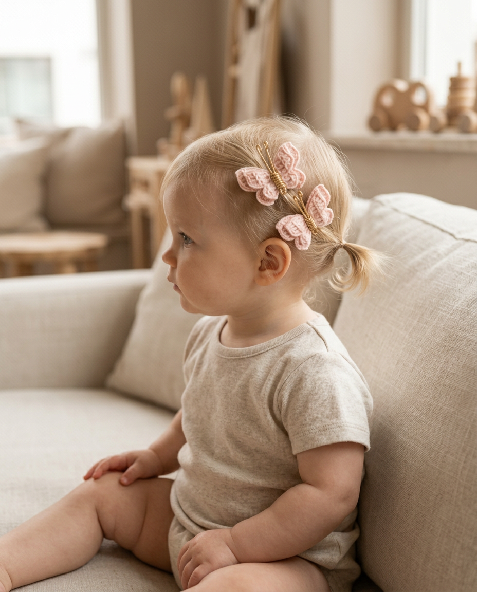 Blush Knit Butterfly Clip Set — worn in a child's hair