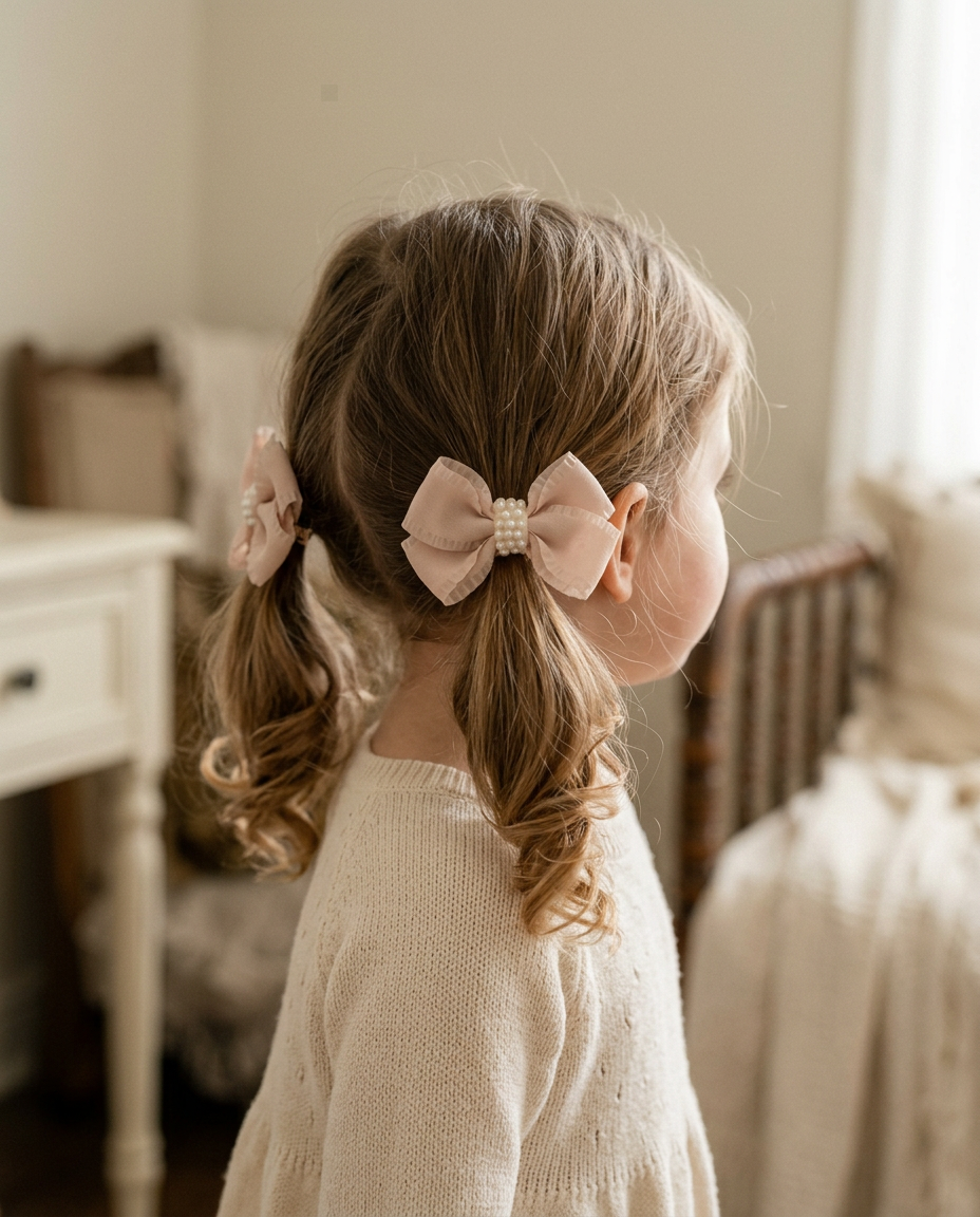 Blush Pearl Chiffon Bow Set — worn in a child's hair