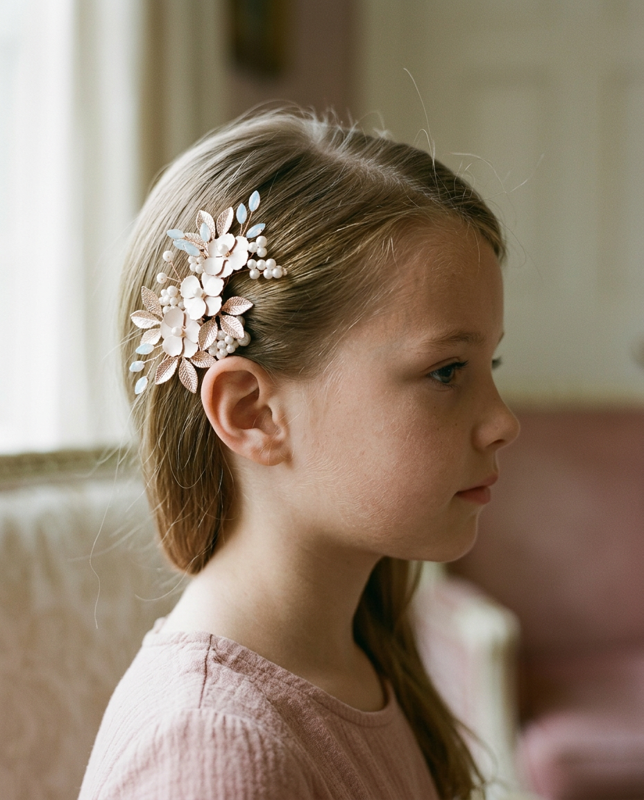 Blush Petal & Pearl Leaf Clip — worn in a child's hair