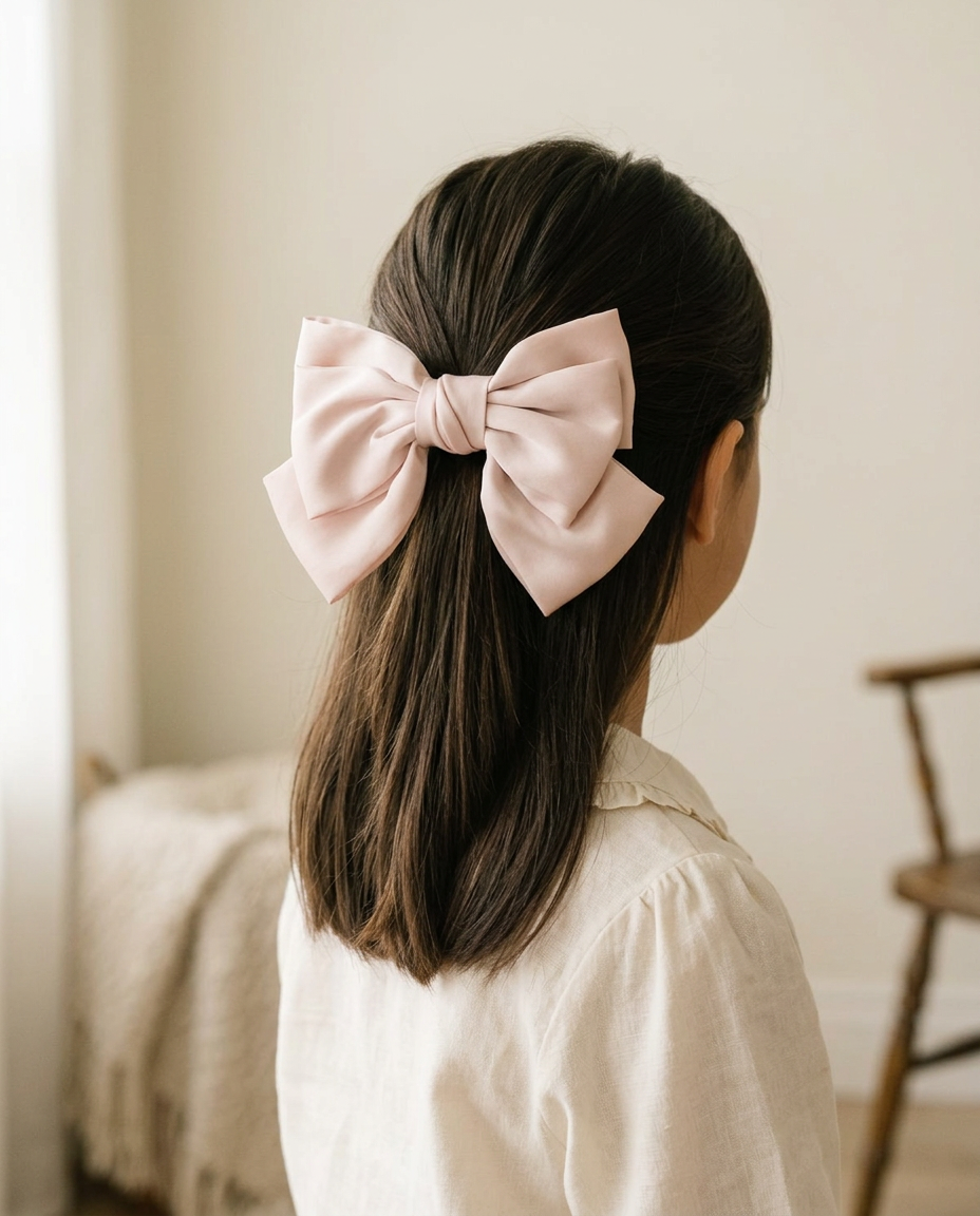 Blush Satin Bow — worn in a child's hair