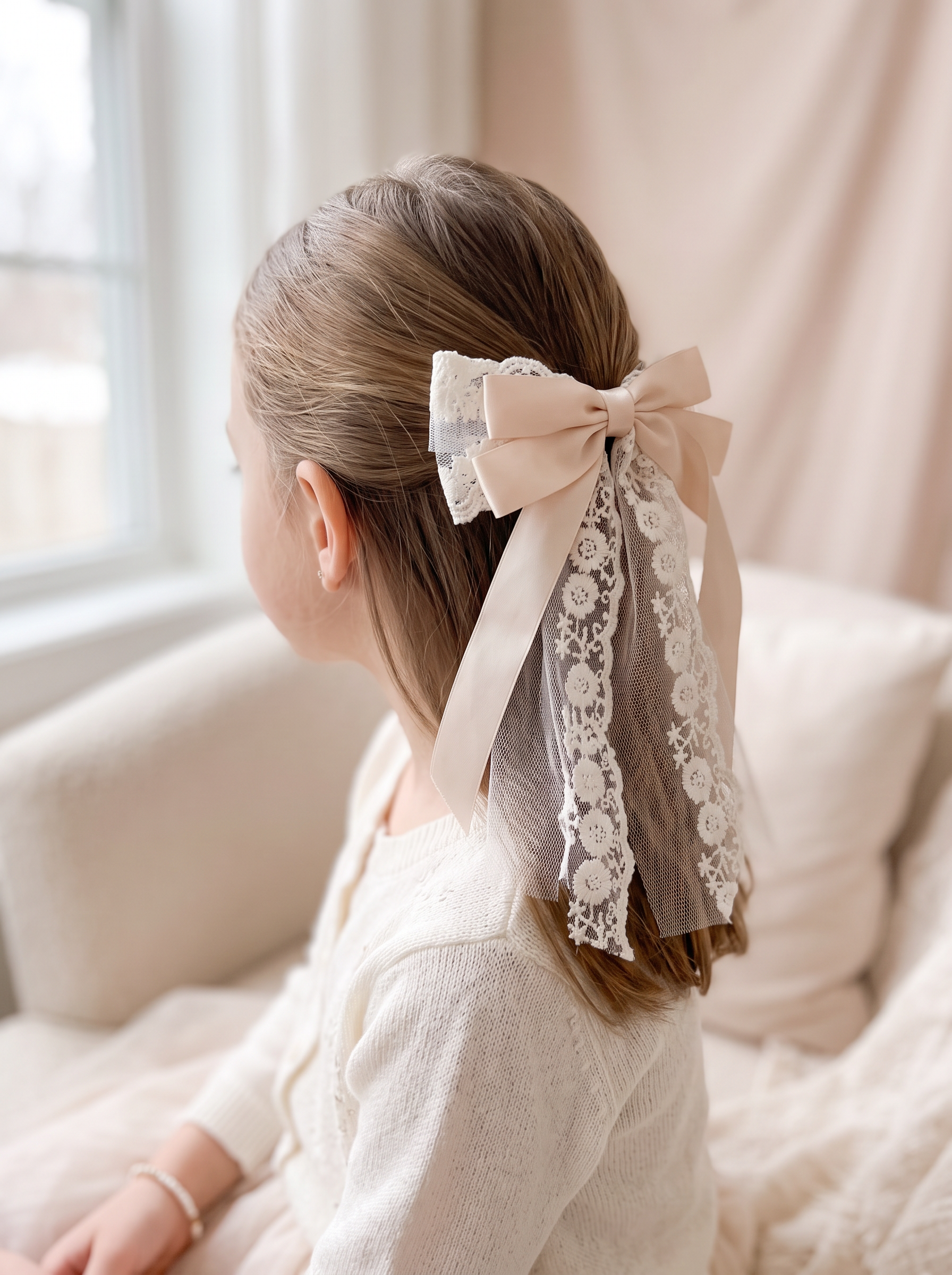 Blush Satin & Lace Layered Bow — worn in a child's hair
