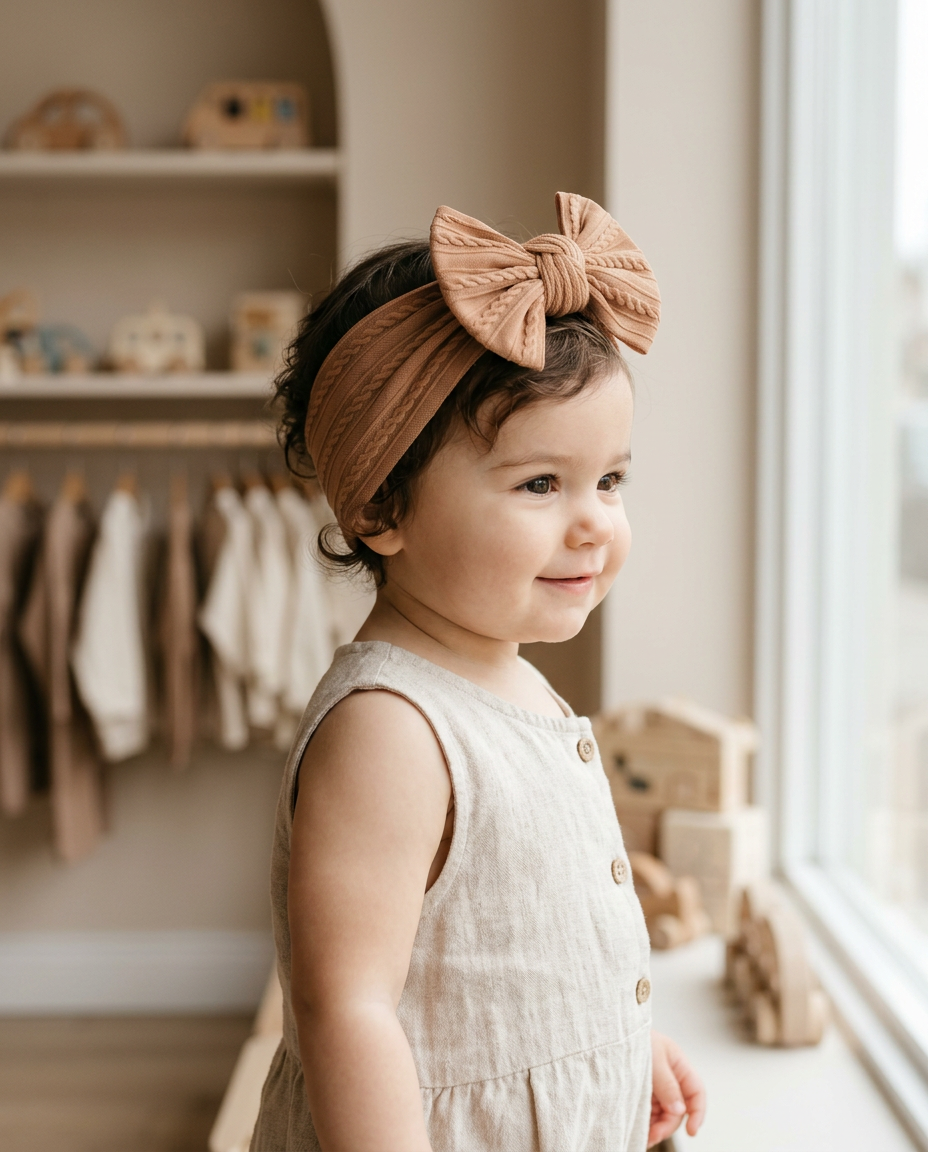Caramel Cable Knit Bow Headband — worn in a child's hair