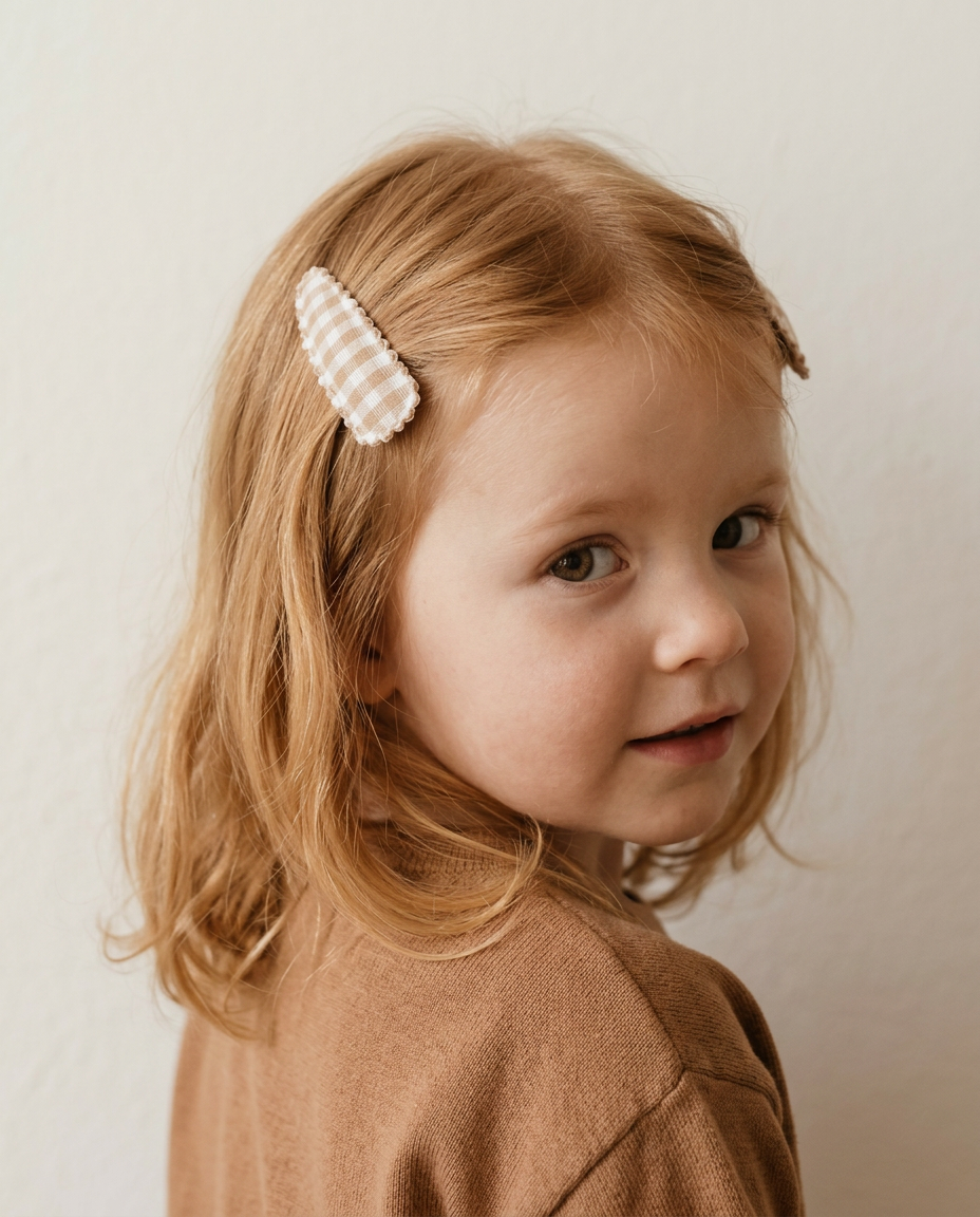 Caramel Gingham Snap Clip Set — worn in a child's hair