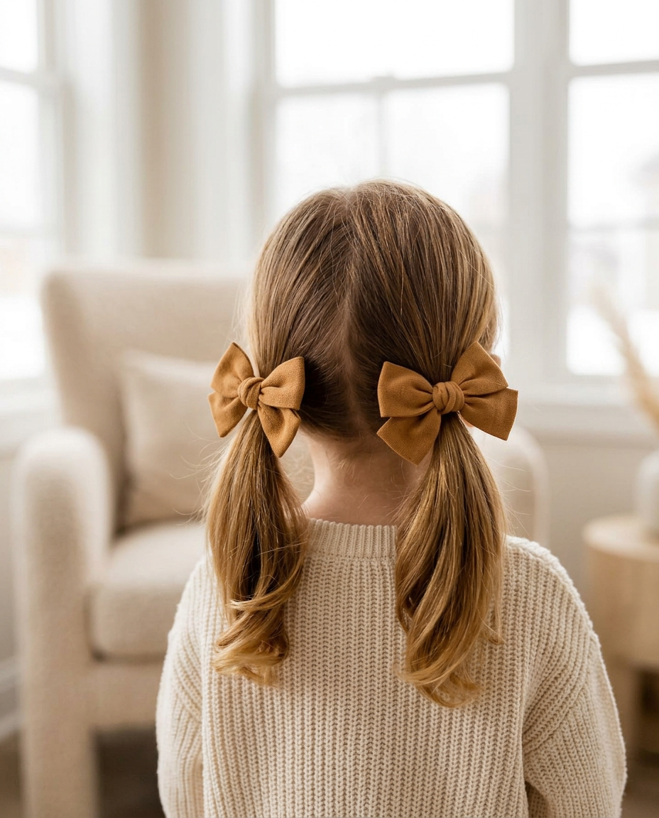Caramel Knit Bow Set — worn in a child's hair