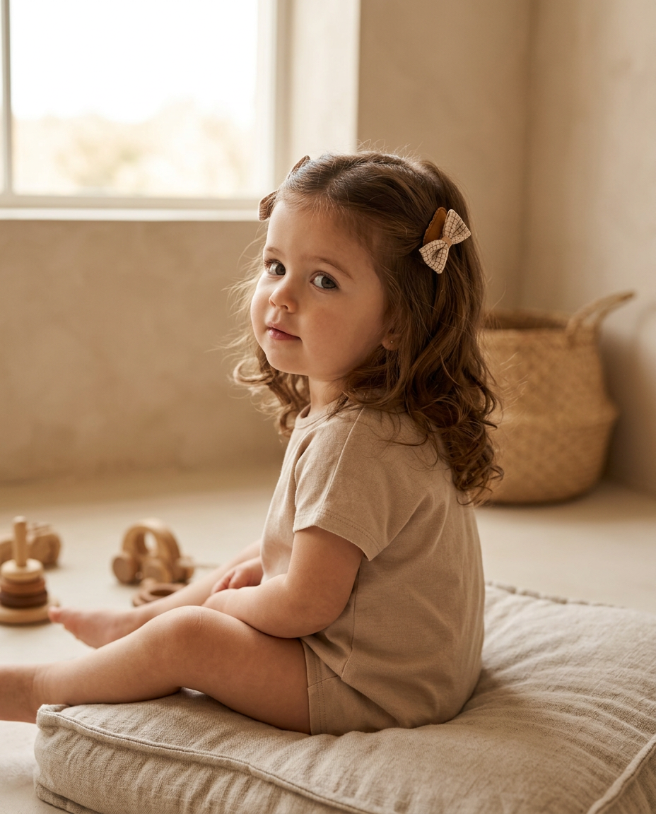 Caramel Windowpane Bow Clip Set — worn in a child's hair