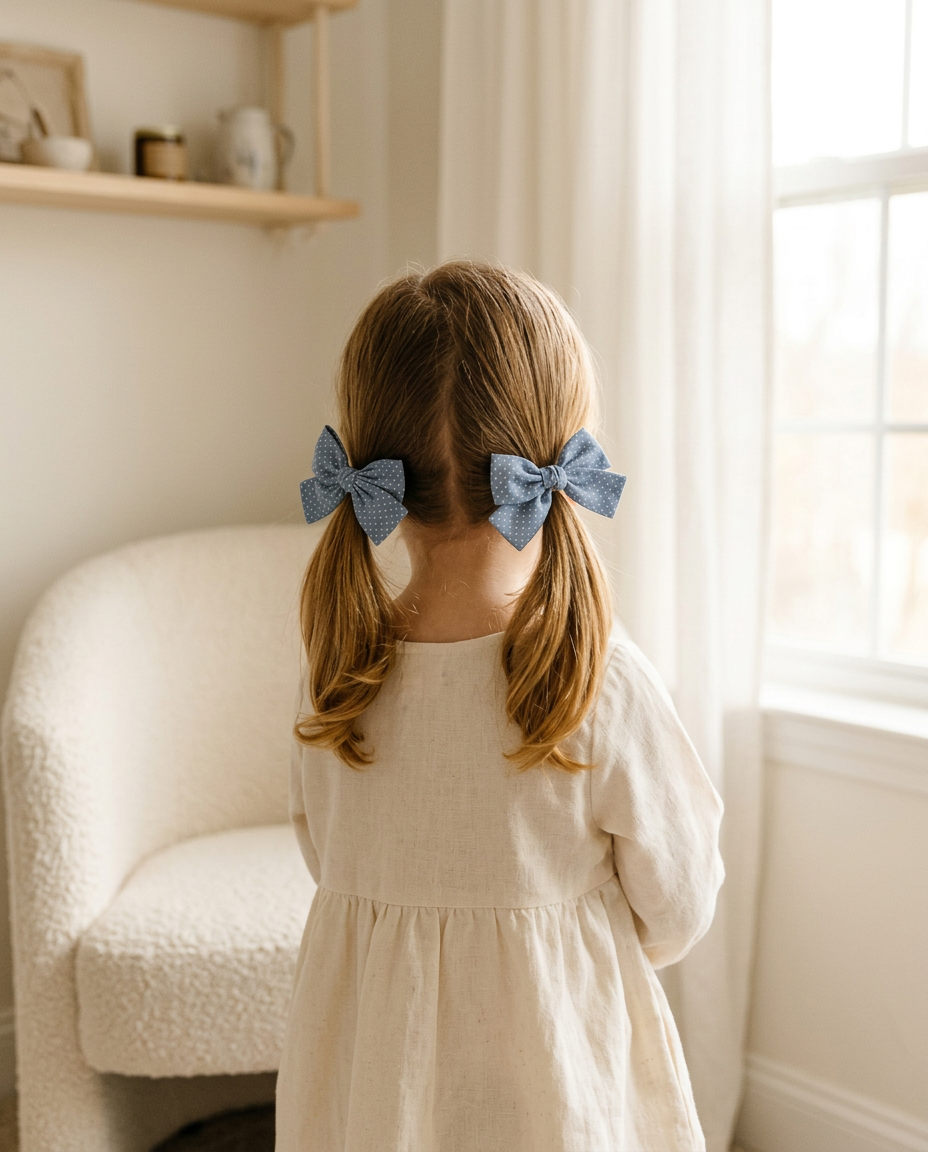 Chambray Dot Bow Set — worn in a child's hair