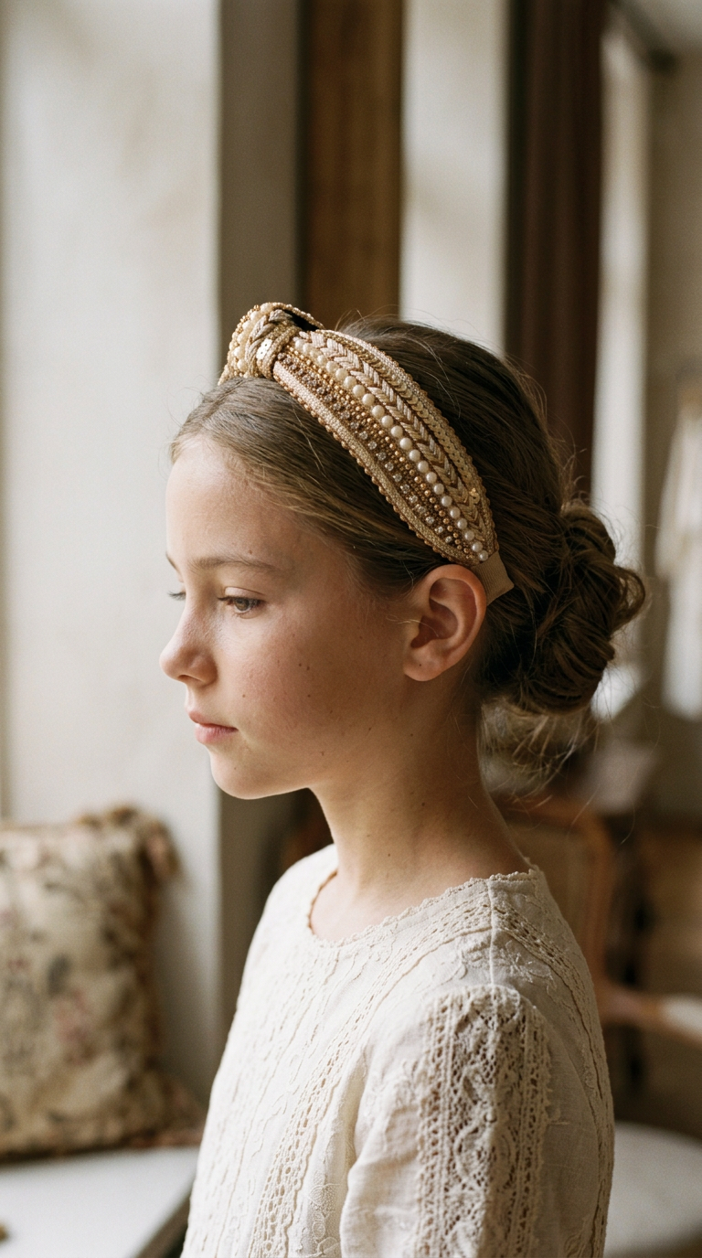 Champagne Gold Beaded Knot Headband — worn in a child's hair