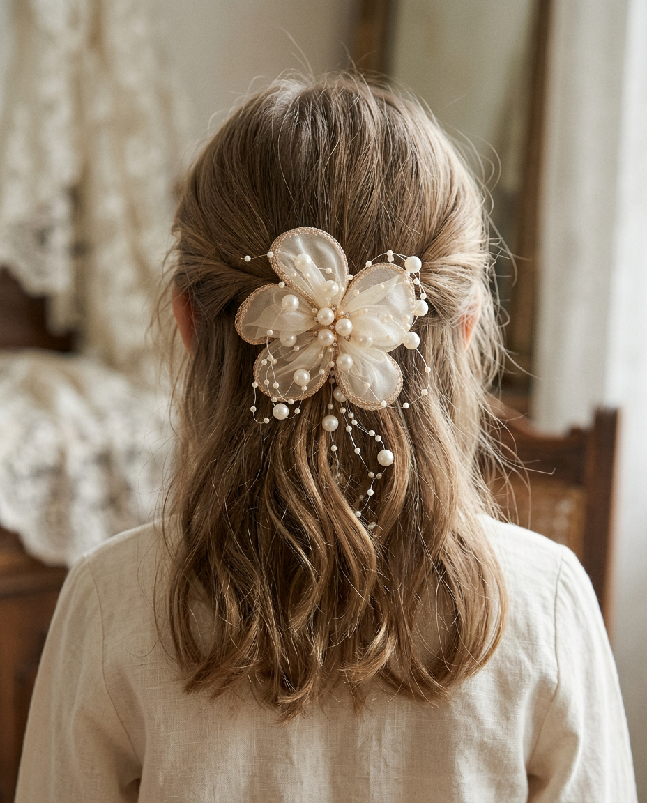 Champagne Pearl Petal Clip — worn in a child's hair