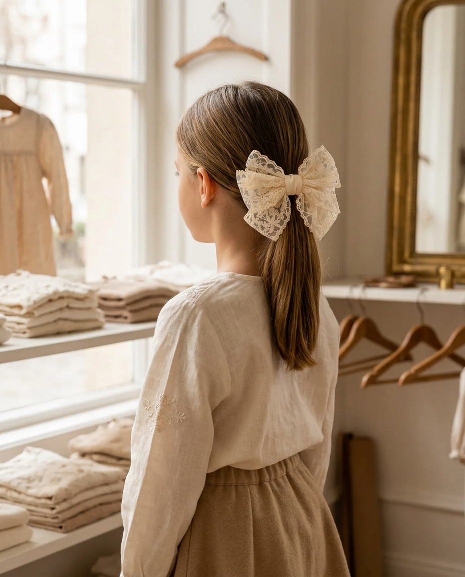 Chantilly Layered Lace Bow — worn in a child's hair