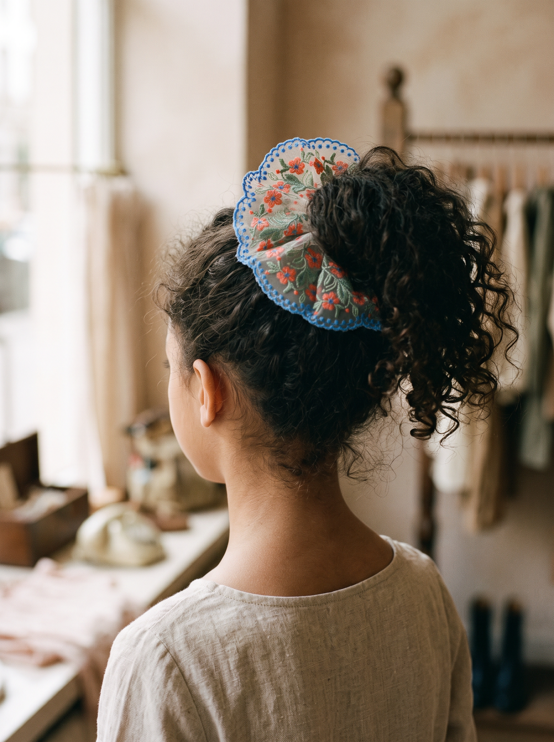 Coral Bloom Embroidered Scrunchie — worn in a child's hair