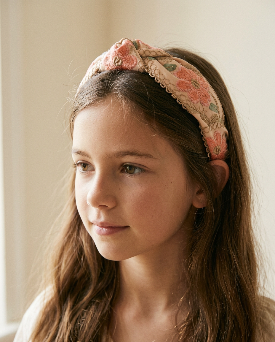 Coral Blossom Embroidered Knot Headband — worn in a child's hair