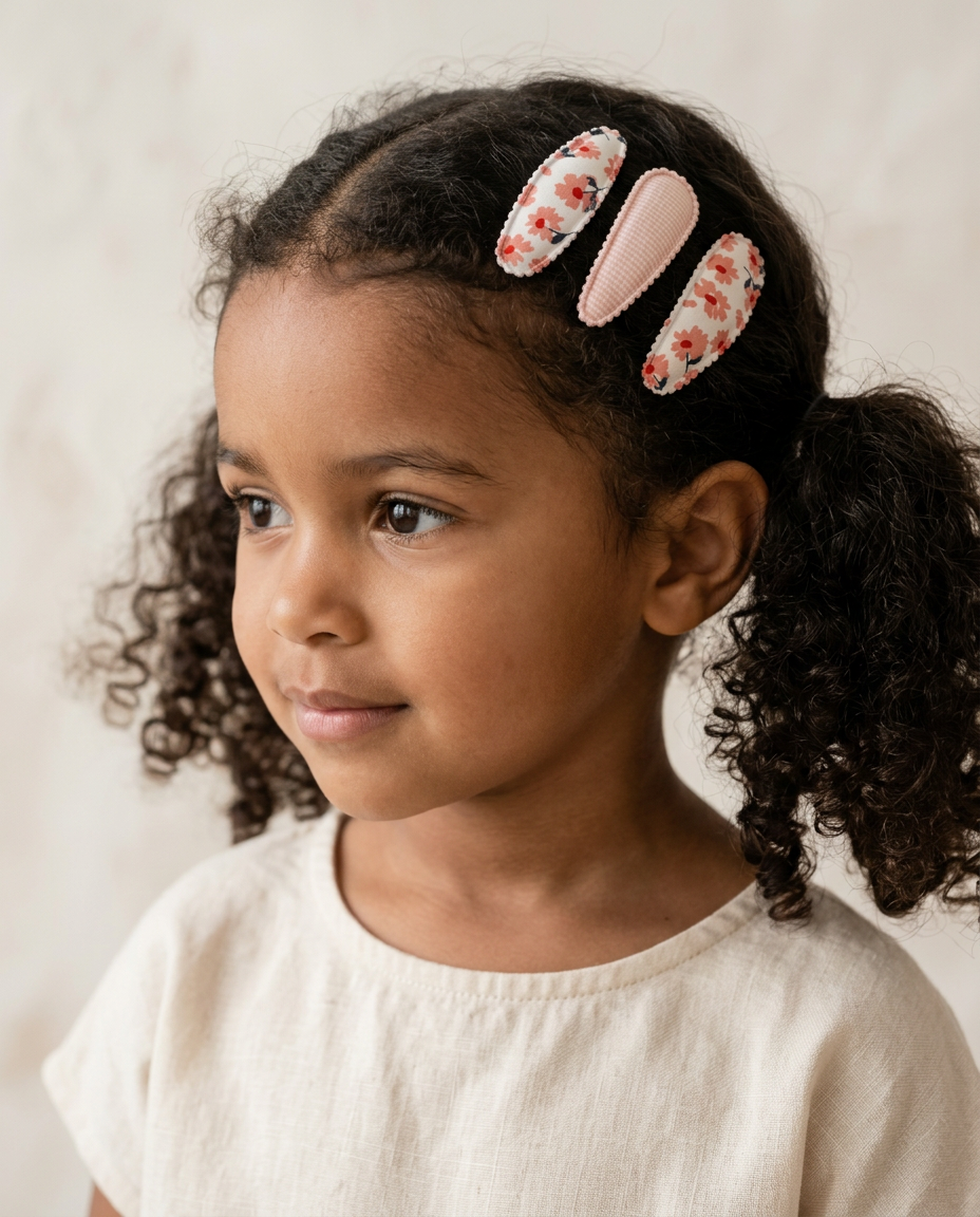 Coral Daisy & Gingham Clip Set — worn in a child's hair