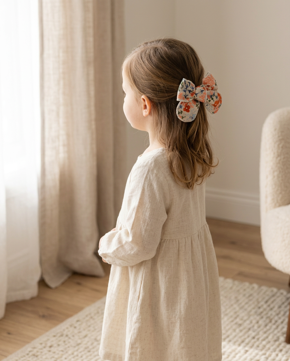 Coral Embroidered Garden Bow — worn in a child's hair