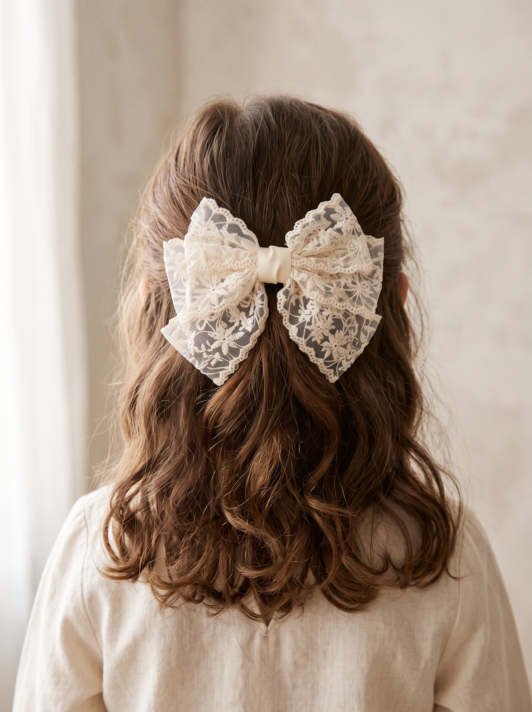 Cream Lace Ruffle Bow — worn in a child's hair