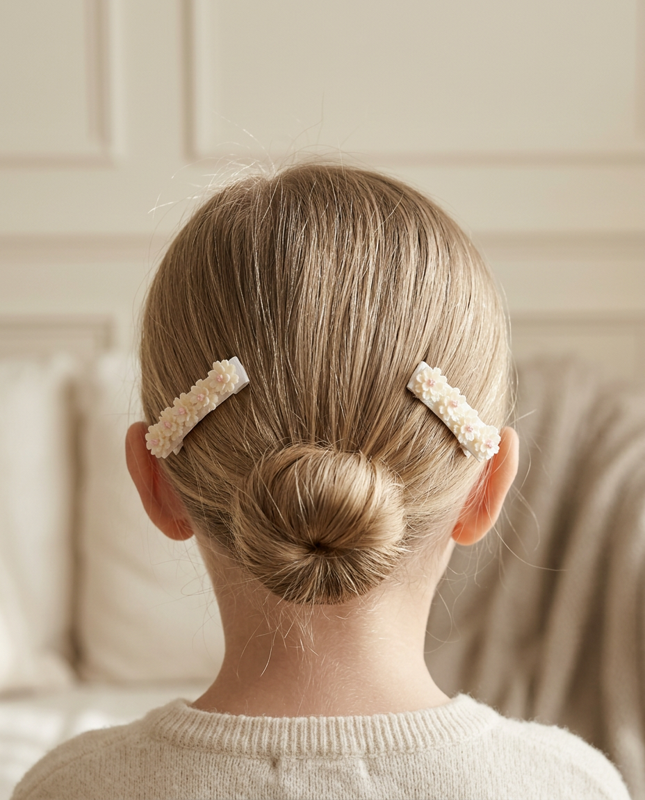 Cream Petal Bar Clip Set — worn in a child's hair