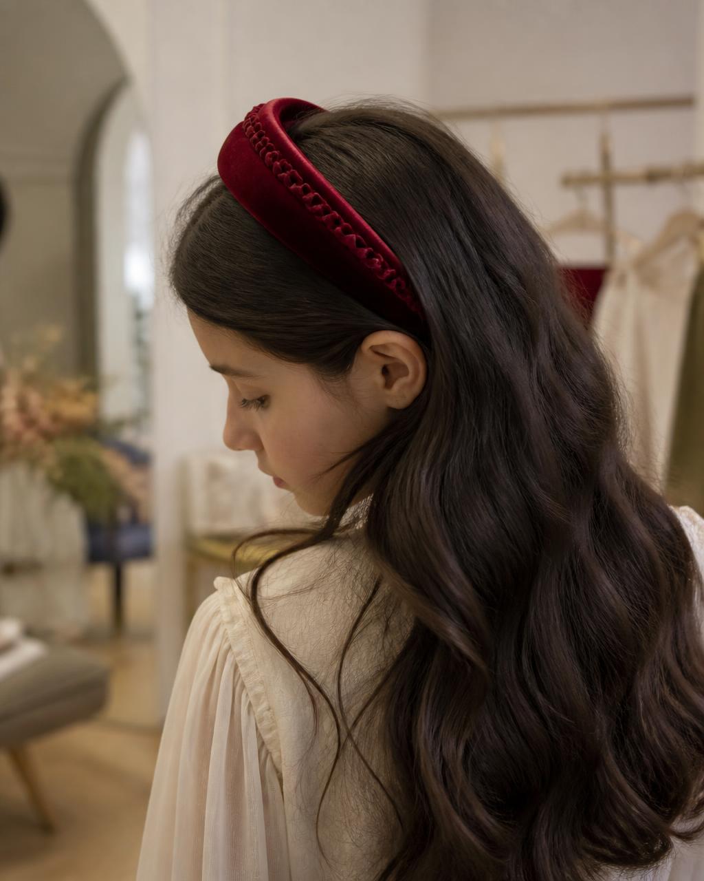 Crimson Velvet Braided Headband — worn in a child's hair