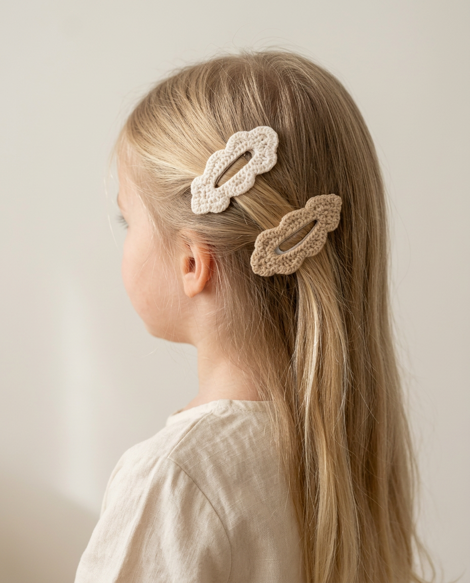 Little girl wearing the ivory and oat crochet scallop clips from the Clips collection