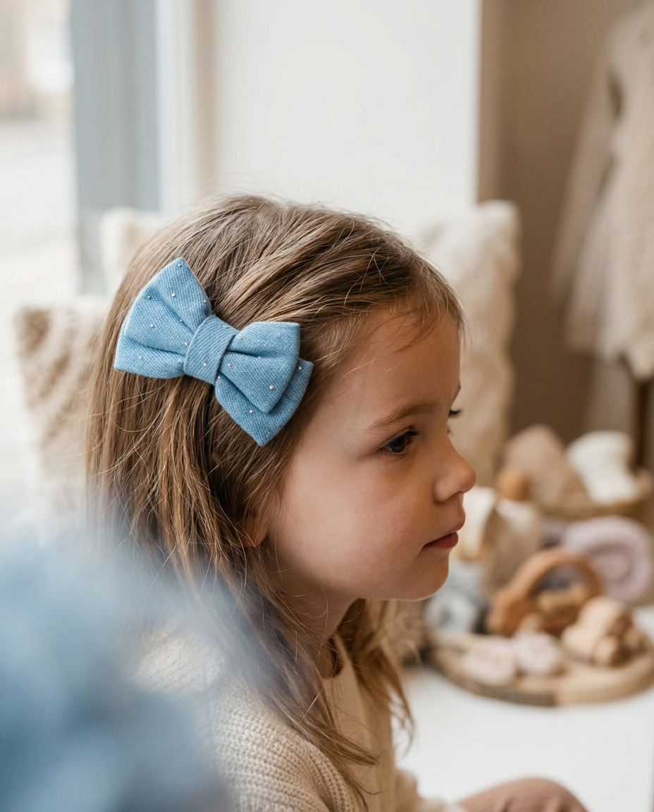 Crystal Blue Knit Bow — worn in a child's hair