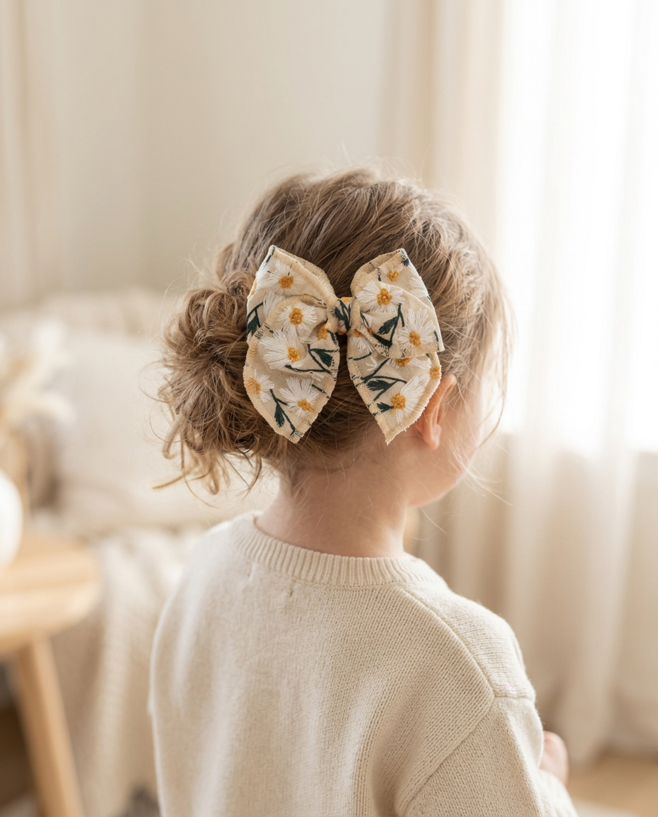 Daisy Embroidered Linen Bow — worn in a child's hair