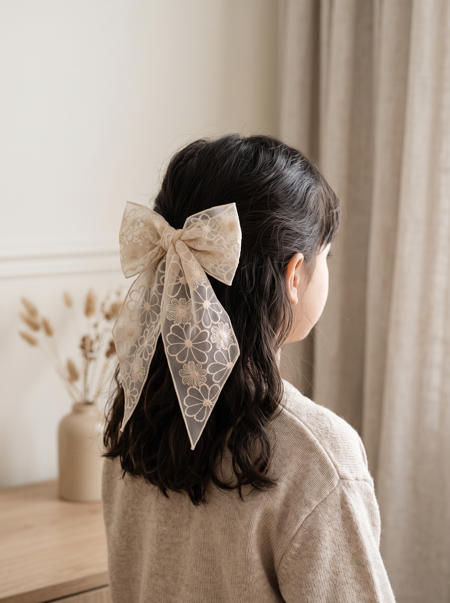 Daisy Lace Long-Tail Bow — worn in a child's hair