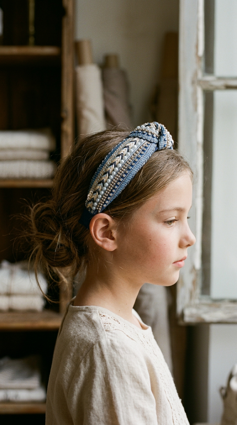 Denim Pearl Beaded Knot Headband — worn in a child's hair