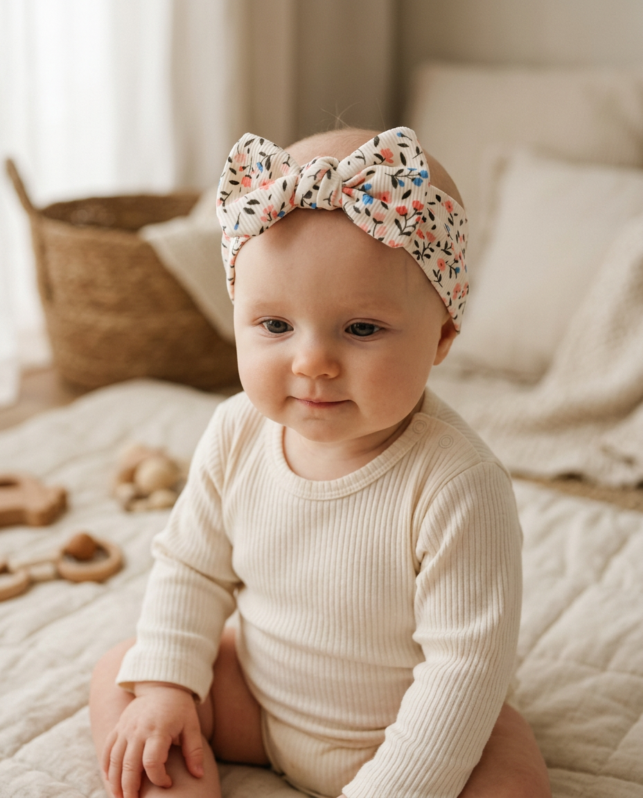 Ditsy Floral Knot Bow Headband — worn in a child's hair