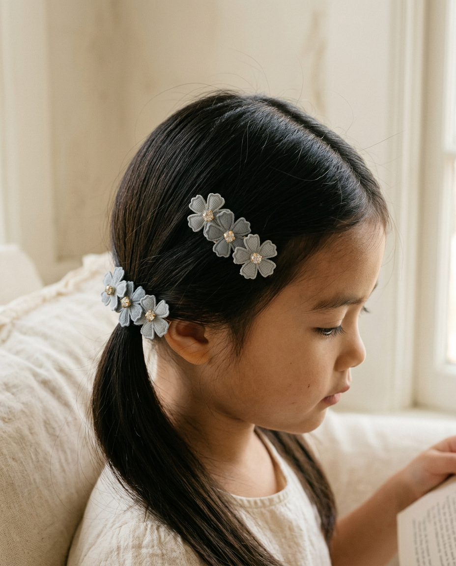 Dusty Blue Blossom Clip Set — worn in a child's hair