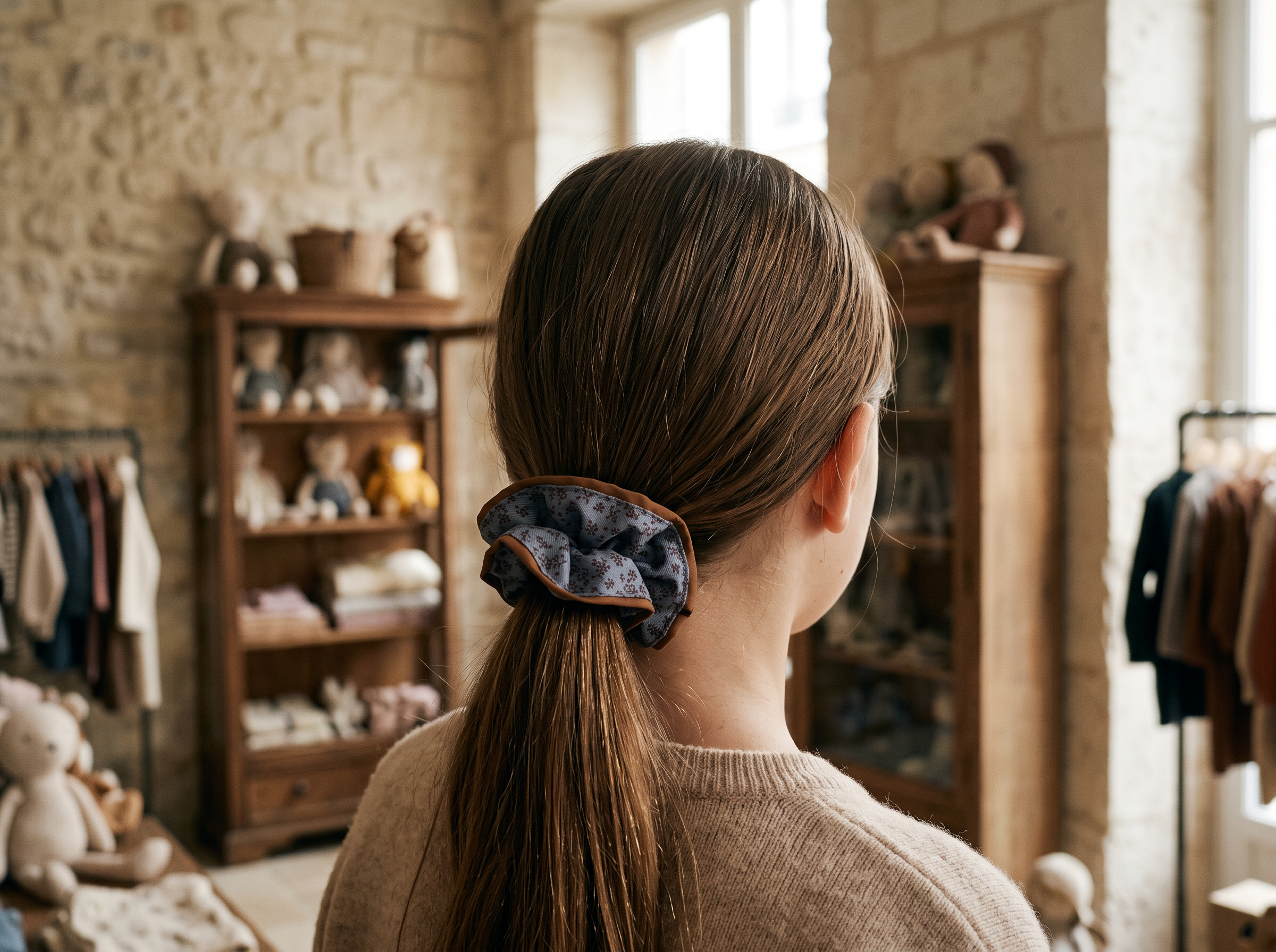 Dusty Blue Ditsy Floral Scrunchie — worn in a child's hair