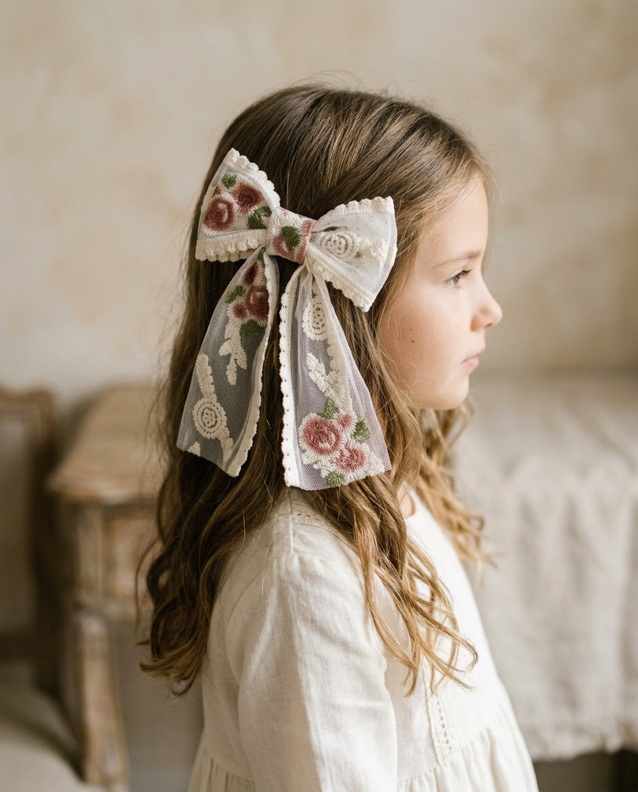 English Rose Tulle Bow — worn in a child's hair